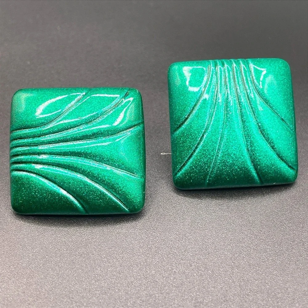 VTG Metallic Green Square Statement Abstract Swirl Clip-On Earrings Boho Retro‎